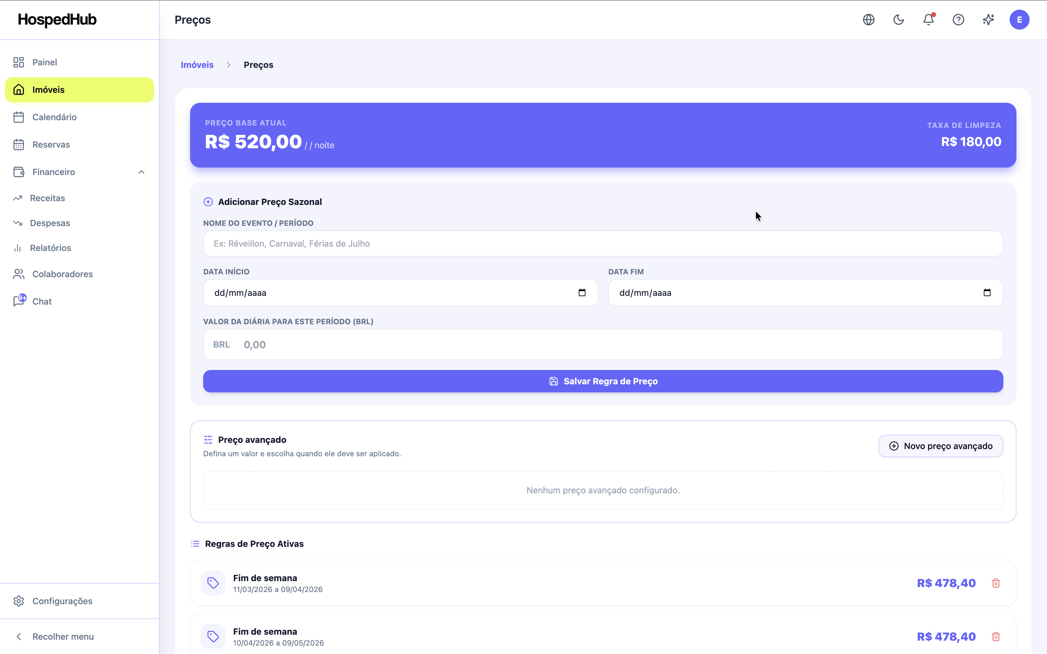 Tela de precificação dinâmica do HospedHub